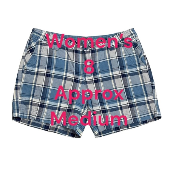 Women’s Natural Relflections 8 Medium Shorts Plaid Blue Chino Khakis 4 Pockets - Picture 2 of 8